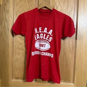 Vintage red knit single stitch graphic football t shirt dated 1987